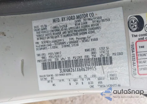 2006 Lincoln Zephyr z USA, uszkodzony, nr VIN 3LNHM261X6R639915